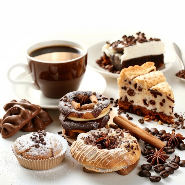 Photo a cup of coffee with various sweet treats including pastries cakes and chocolate