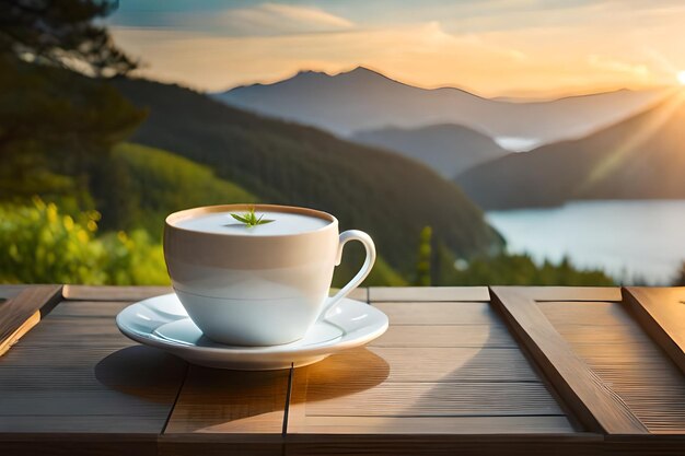 a cup of coffee with a view of a lake and mountains in the background.