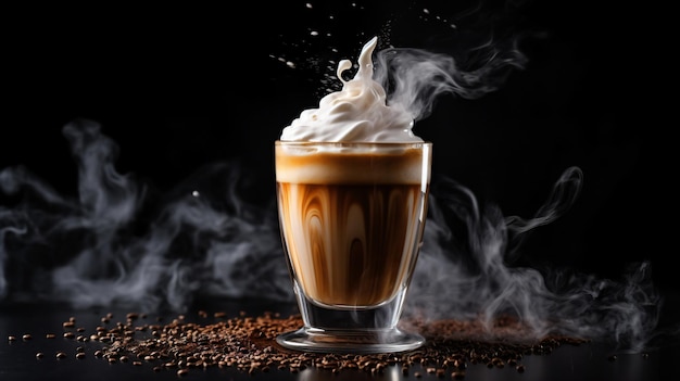 a cup of coffee with whipped cream on a black background