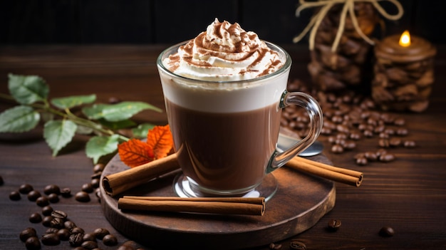 a cup of coffee with whipped cream and cinnamon sticks on a table