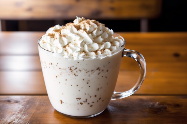 A cup of coffee with whipped cream and cinnamon on the top.