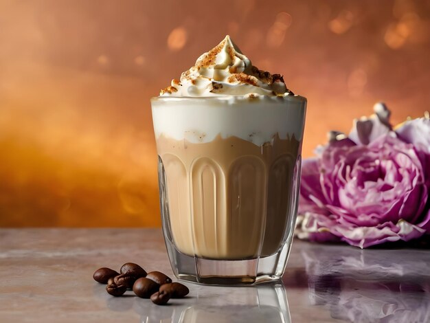 Photo a cup of coffee with whipped cream and a flower on the table