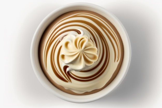 A cup of coffee with whipped cream and a swirl of whipped cream.