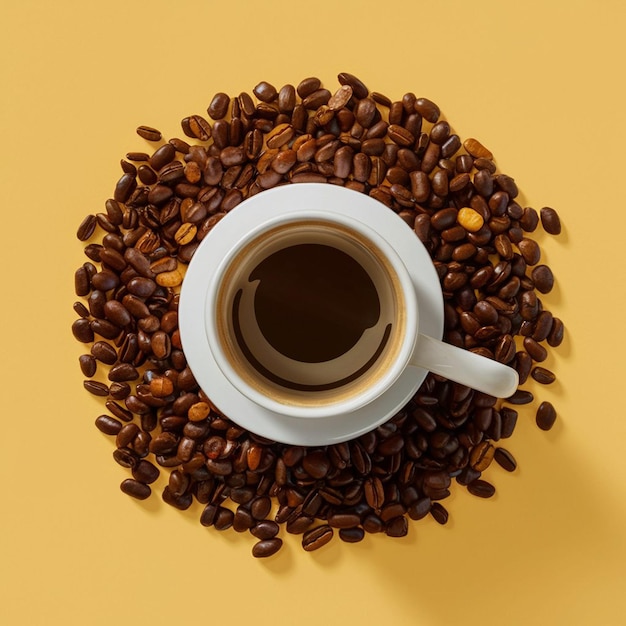 a cup of coffee with a white handle and a white cup with coffee beans in it