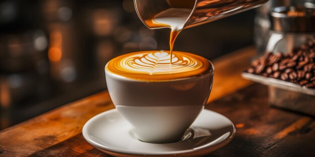 A cup of coffee with a white saucer on a wooden table