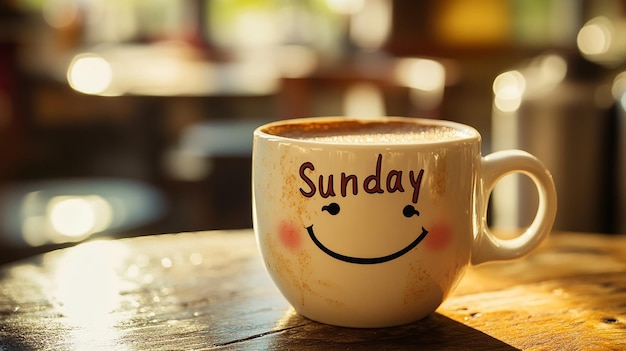 Photo a cup of coffee with the words happy sunday on it