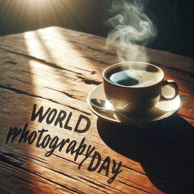 a cup of coffee with the words world worlds day on a wooden table