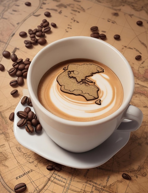 cup of coffee with a world map in the background many coffee beans