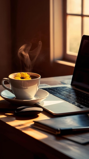 Cup of coffee with a yellow flowers and a laptop