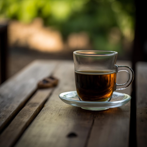 cup of coffee on wood table background illustration images AI generated