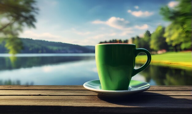 a cup of coffee on a wooden board against the background of a lake forest and a green lawn