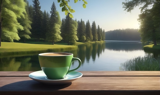 a cup of coffee on a wooden board against the background of a lake forest and a green lawn