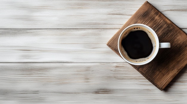 A cup of coffee on a wooden board with the word coffee on it