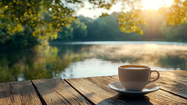 A Cup of Coffee on a Wooden Deck Overlooking a Lake at Sunrise