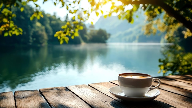 A Cup of Coffee on a Wooden Deck Overlooking a Serene Lake