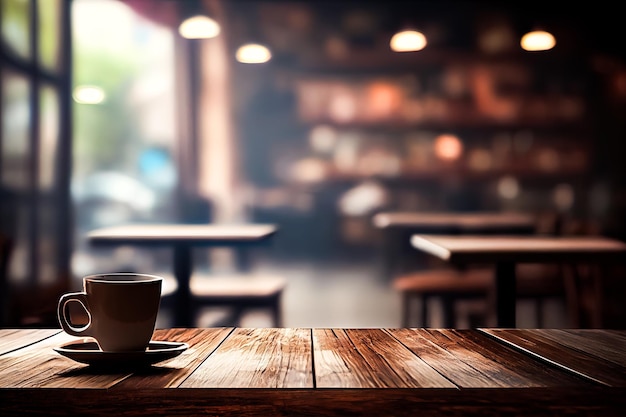 A cup of coffee on a wooden table in a cafe