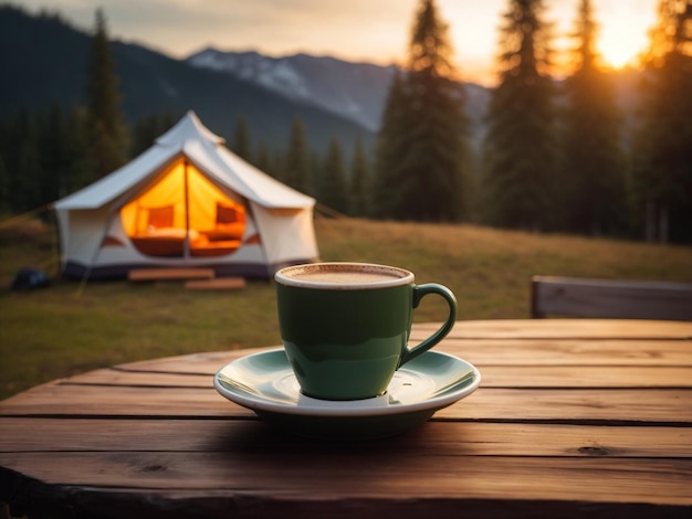 Cup of coffee on wooden table in front of camping tent Generative AI