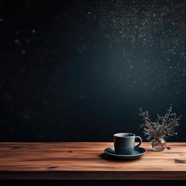 Cup of coffee on a wooden table next to a glass vase on a blue background