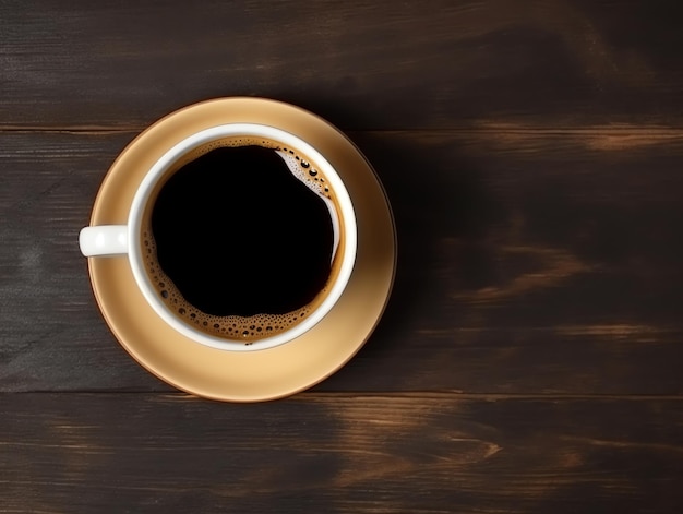 Cup of coffee on wooden table Top view with copy space