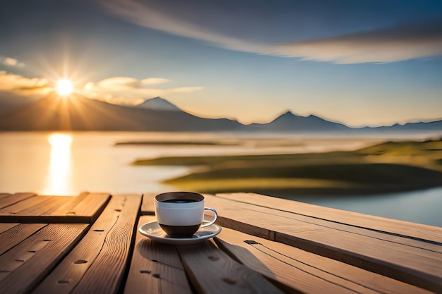 A cup of coffee on a wooden table with mountains in the background.