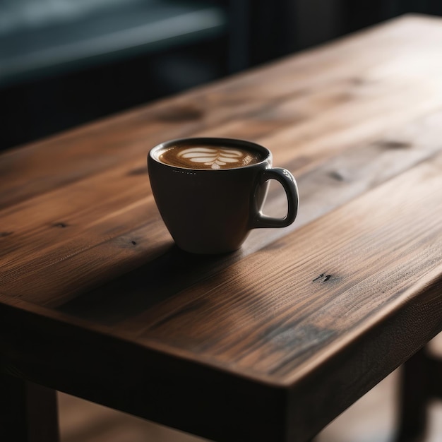 A cup of coffee on a wooden table