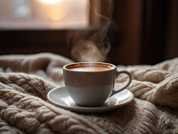 Cup of coffee wrapped in warm knitted plaid closeup