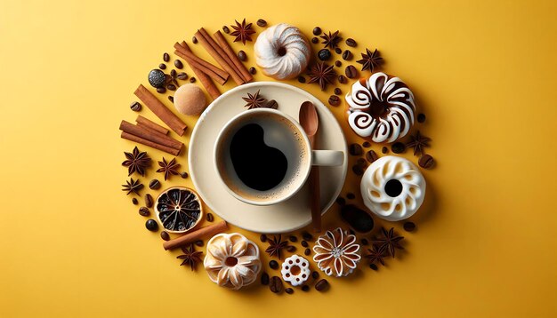 Photo a cup of coffee on a yellow background with pastries