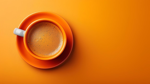 A cup of coffee on a yellow background with a white handle on the top of it and a white cup on the