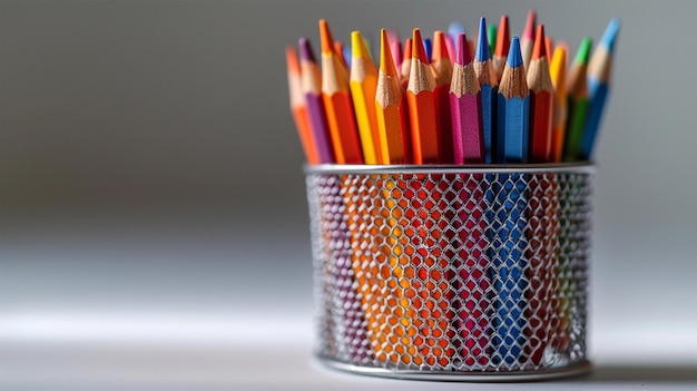 a cup of colored pencils with a purple and pink color