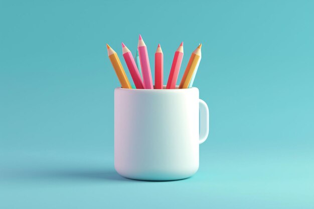 a cup of colored pencils with a white cup with a blue backgroundColor pencil study office stationer