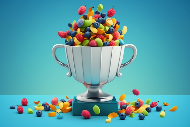 A cup of colorful candy sits on a blue table.