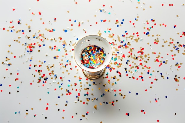 Photo a cup of colorful confetti is scattered on a white surface