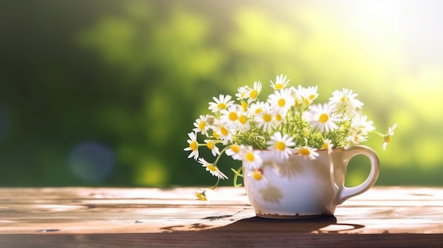 A cup of daisies sits on a wooden table with a green background.