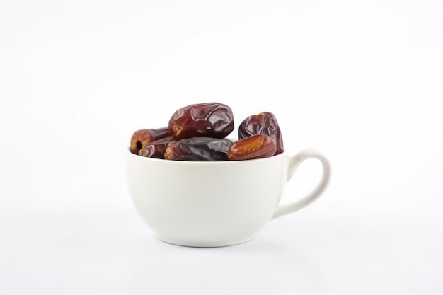 A cup of dates is on a white background.