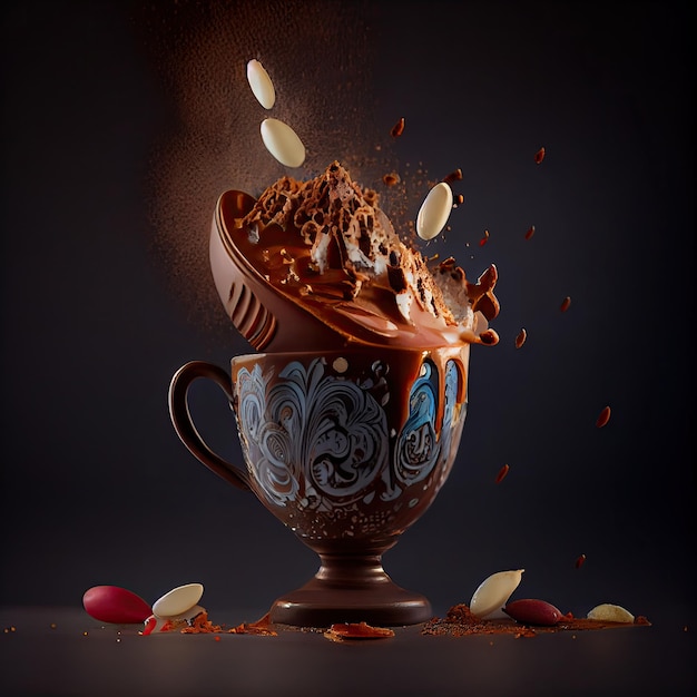 A cup filled with chocolate liquid and nuts