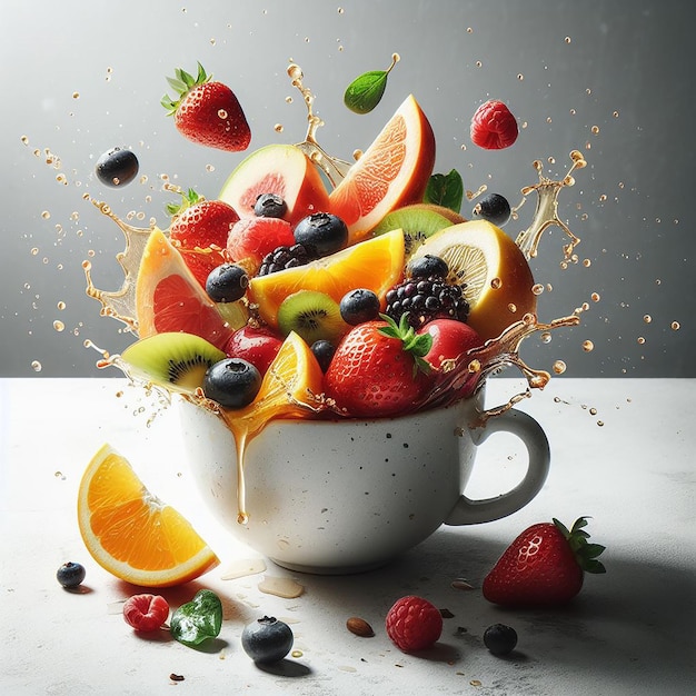 A cup filled with fruit and splashing on top of white surface