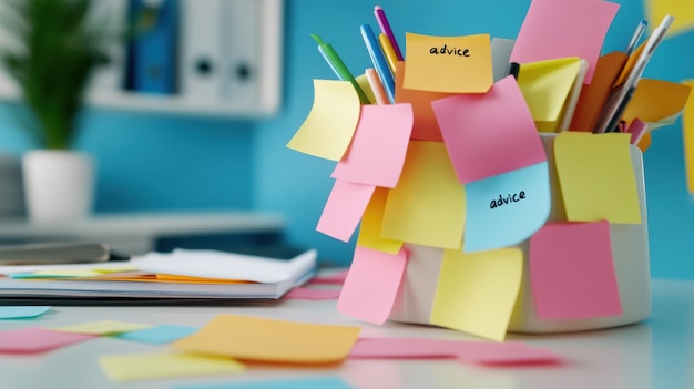 Photo a cup filled with post it notes and pens on a desk ai