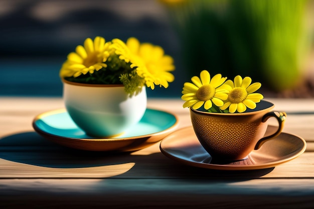 A cup of flowers on a table with a green plant in the middle