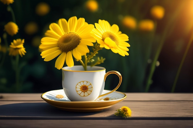 A cup of flowers on a wooden table with a yellow flower in the background.