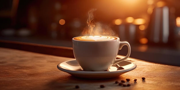 A cup of fragrant cappuccino on the table closeup generative ai