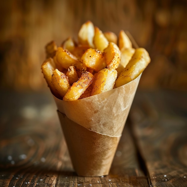 a cup of french fries is in a paper wrapper on a table