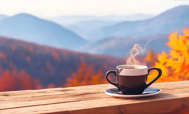 Cup of fresh coffee and autumn on wooden table on blur nature background