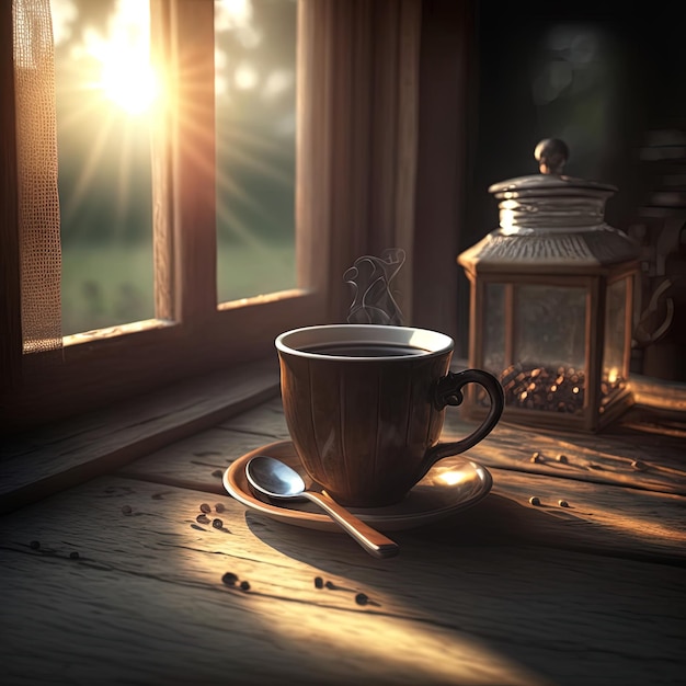 A cup of fresh coffee on an old wooden table next to a window with morning sunlight - 3d render