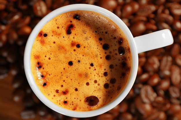 Cup of fresh coffee with beans on table closeup