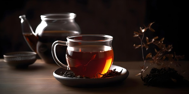 Cup of freshly brewed black tea and dry black tea on dark background AI generated