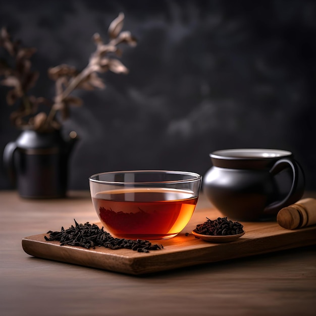 Cup of freshly brewed black tea and dry black tea on dark background with copy space AI generated