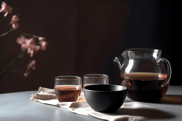 Cup of freshly brewed black tea and dry black tea on dark background with copy space AI generated