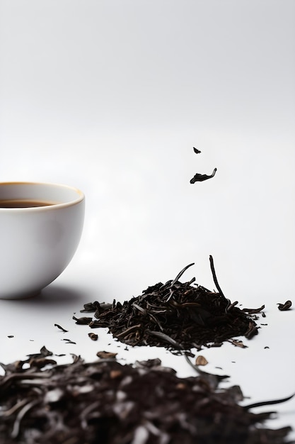 Cup of freshly brewed black tea and dry black tea on white background with copy space AI generated