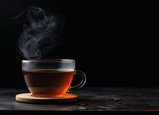 A Cup of freshly brewed black teaescaping steamwarm soft light darker background Created with Generative AI technology