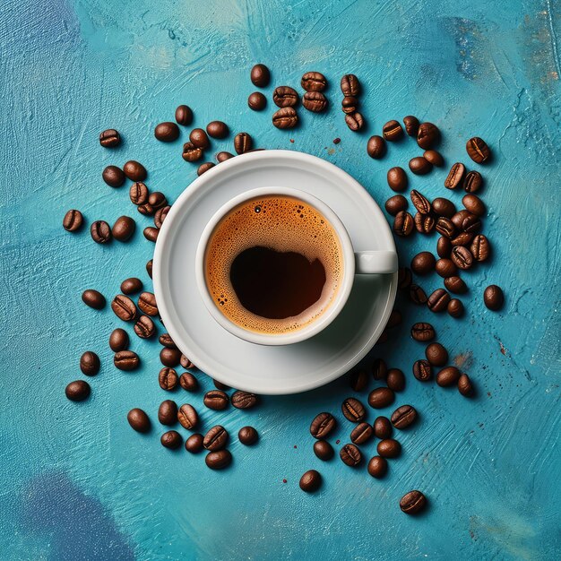 A Cup of Freshly Brewed Coffee Surrounded by Roasted Coffee Beans on a Vibrant Blue Surface